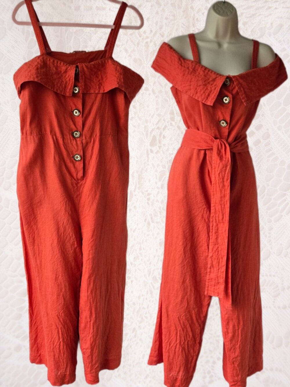 Linen Jumpsuit Off-shoulder Boho Autumn Terracotta Orange-spice Lagenlook Medium